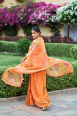 Orange Silk Blend Embroidered Straighit Top Skirt With Shrug PKSKD2952