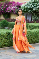 Orange Silk Blend Embroidered Straighit Top Skirt With Shrug PKSKD2952