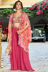 Pink Silk Blend Embroidered Straighit Top Skirt With Shrug PKSKD2953