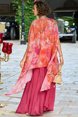 Pink Silk Blend Embroidered Straighit Top Skirt With Shrug PKSKD2953