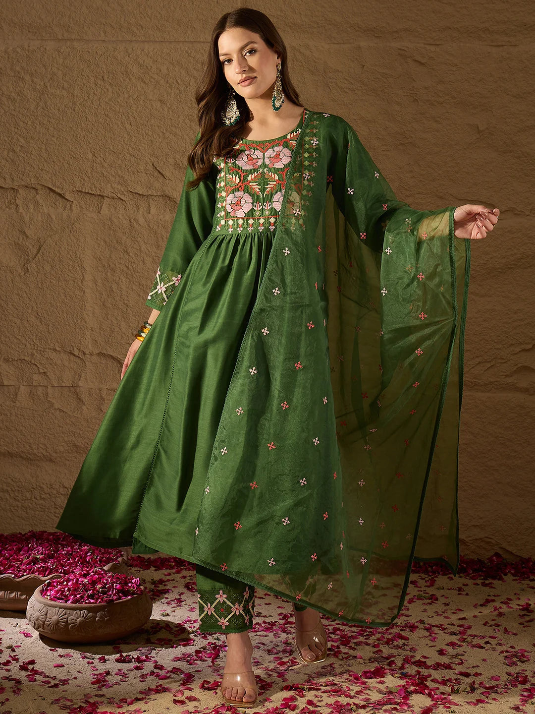 Women Green Silk Blend Solid Embroidered Straight Kurta Trouser and Dupatta