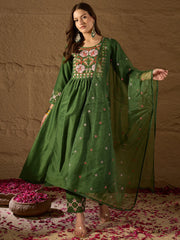 Women Green Silk Blend Solid Embroidered Straight Kurta Trouser and Dupatta-PKSKD2982