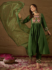 Women Green Silk Blend Solid Embroidered Straight Kurta Trouser and Dupatta-PKSKD2982