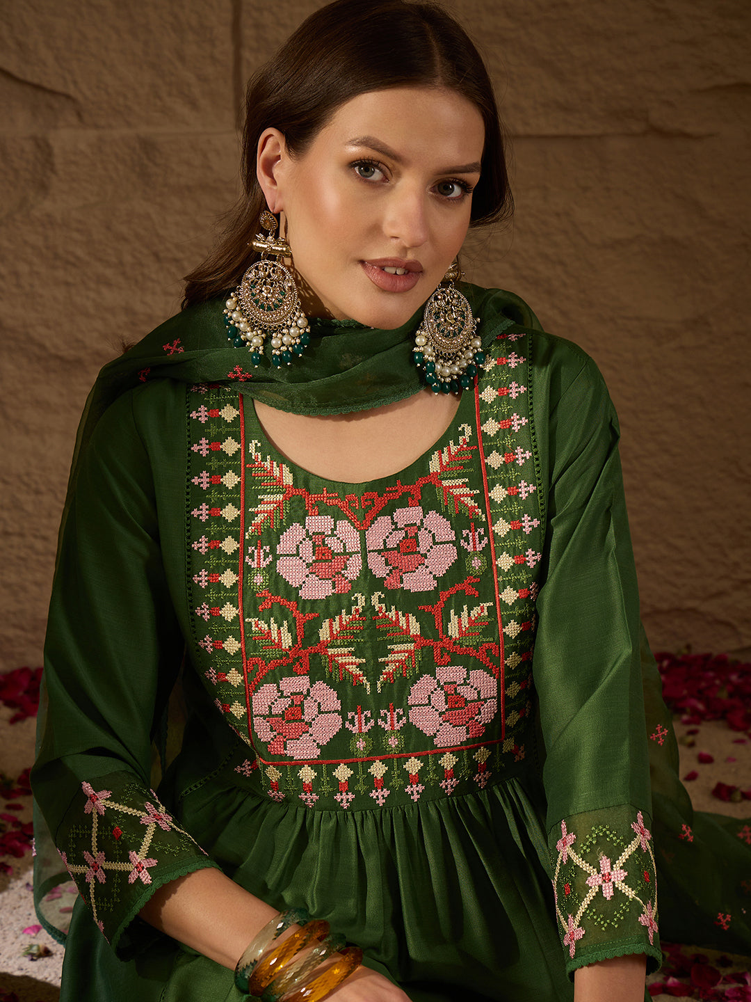 Women Green Silk Blend Solid Embroidered Straight Kurta Trouser and Dupatta