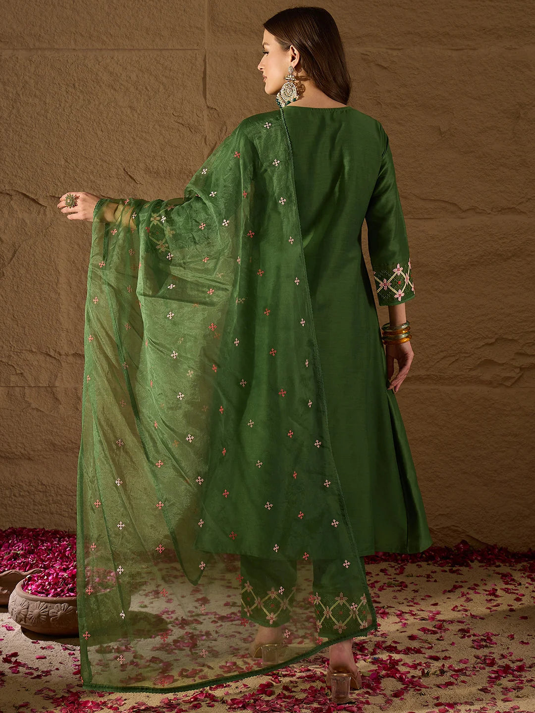 Women Green Silk Blend Solid Embroidered Straight Kurta Trouser and Dupatta