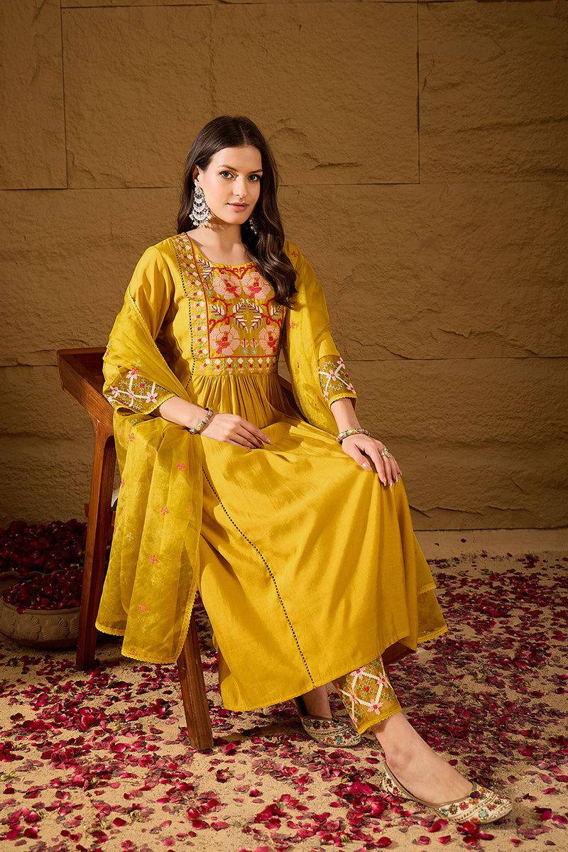 Yellow Silk Blend Embroidered A-Line Kurta Trousers With Dupatta HOPPK