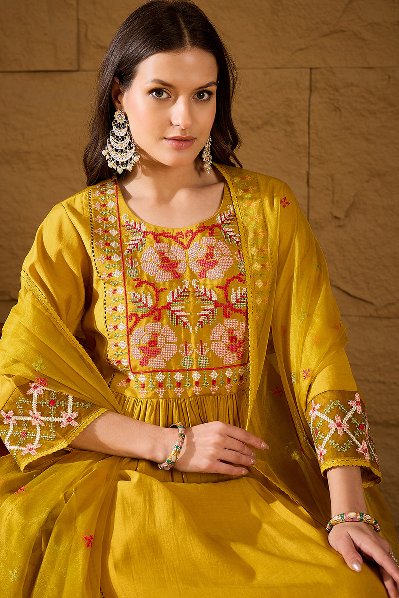 Yellow Silk Blend Embroidered A-Line Kurta Trousers With Dupatta HOPPK