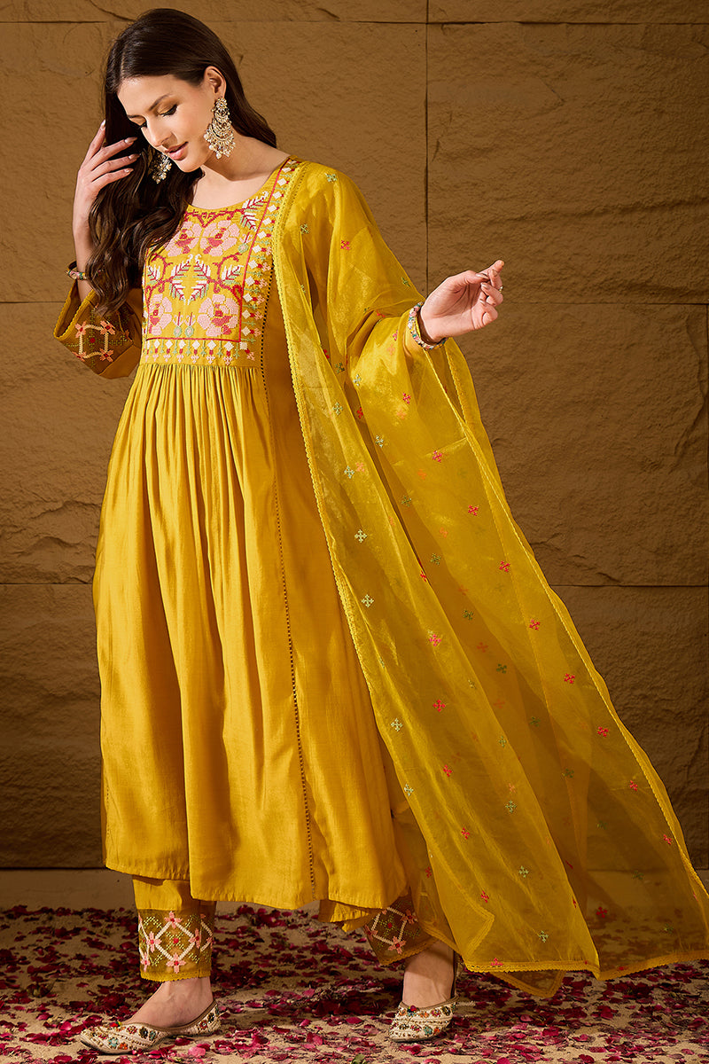 Yellow Silk Blend Embroidered A-Line Kurta Trousers With Dupatta HOPPK