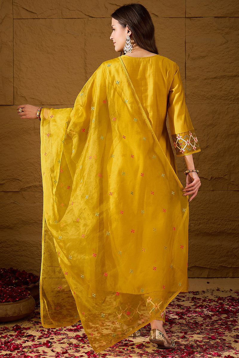 Yellow Silk Blend Embroidered A-Line Kurta Trousers With Dupatta HOPPK