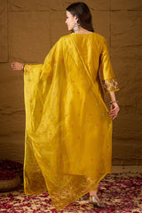 Yellow Silk Blend Embroidered A-Line Kurta Trousers With Dupatta HOPPKSKD2983
