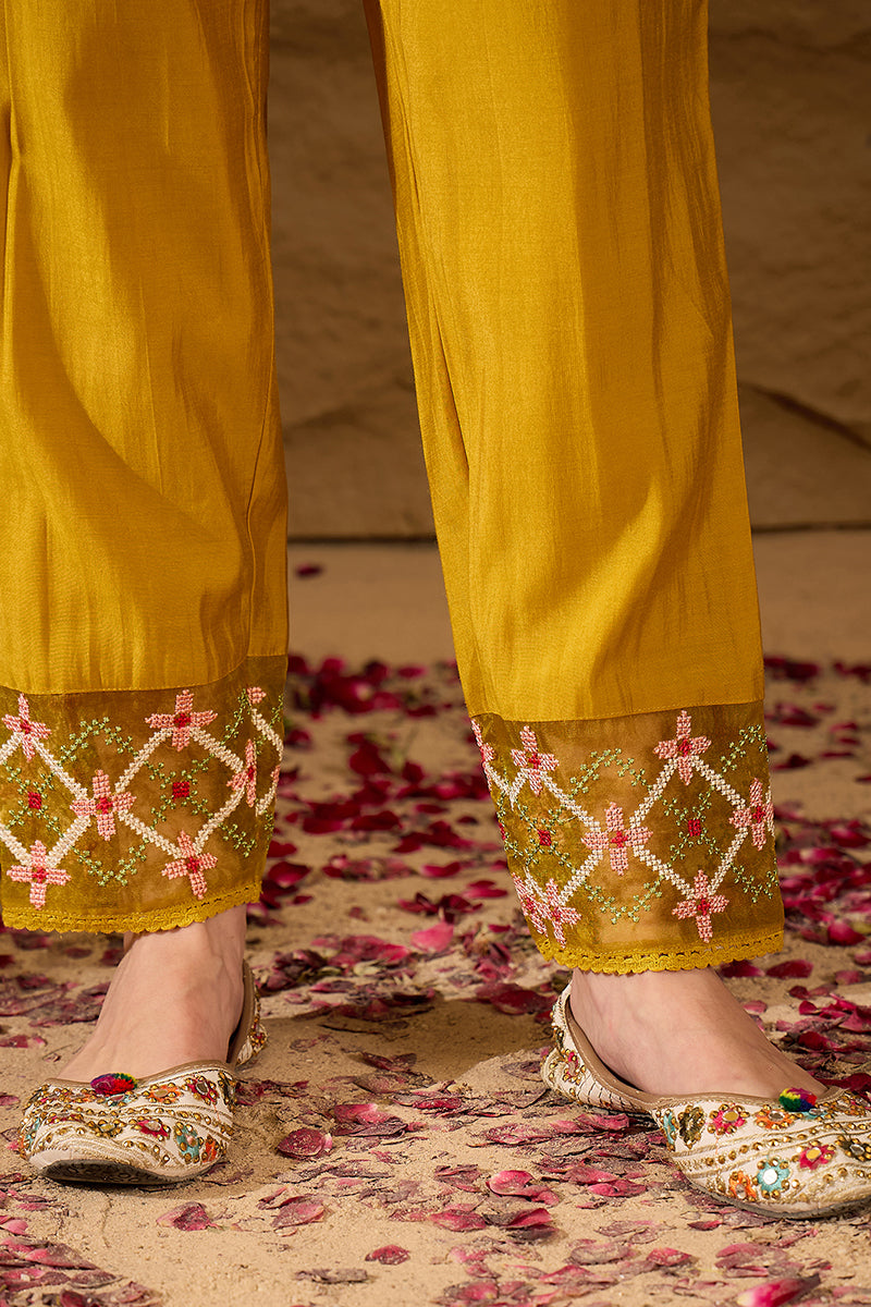 Yellow Silk Blend Embroidered A-Line Kurta Trousers With Dupatta HOPPK