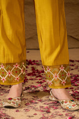 Yellow Silk Blend Embroidered A-Line Kurta Trousers With Dupatta HOPPKSKD2983