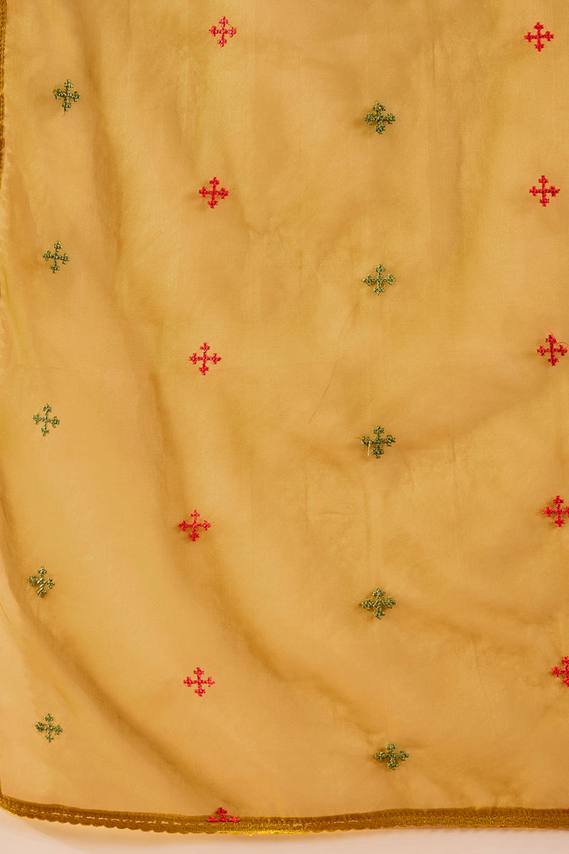 Yellow Silk Blend Embroidered A-Line Kurta Trousers With Dupatta HOPPK