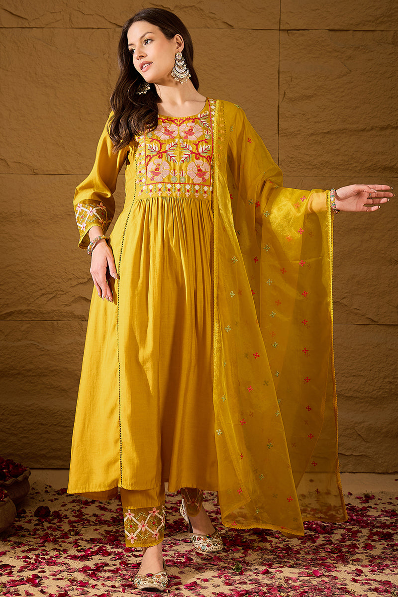 Yellow Silk Blend Embroidered A-Line Kurta Trousers With Dupatta HOPPK