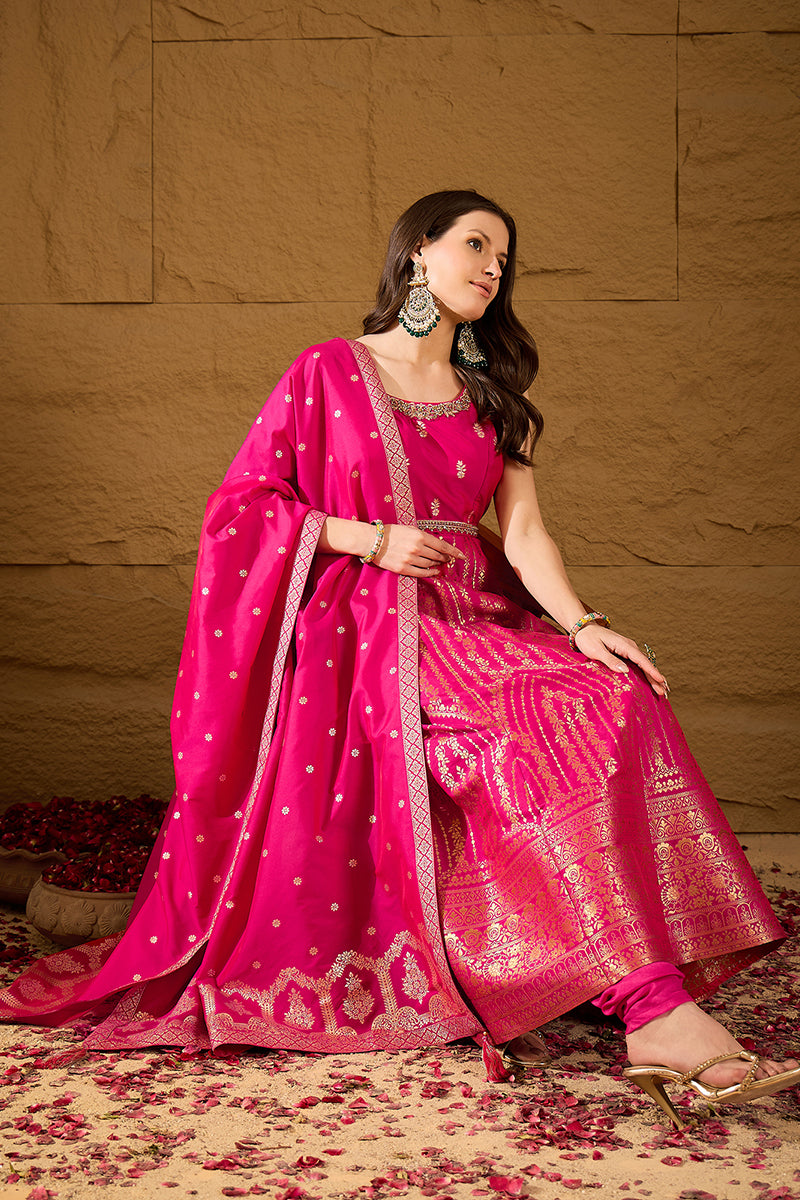 Pink Silk Blend Woven Design Anarkali Kurta Churidar with Dupatta HPKS