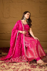 Pink Silk Blend Woven Design Anarkali Kurta Churidar with Dupatta HPKSKD3018