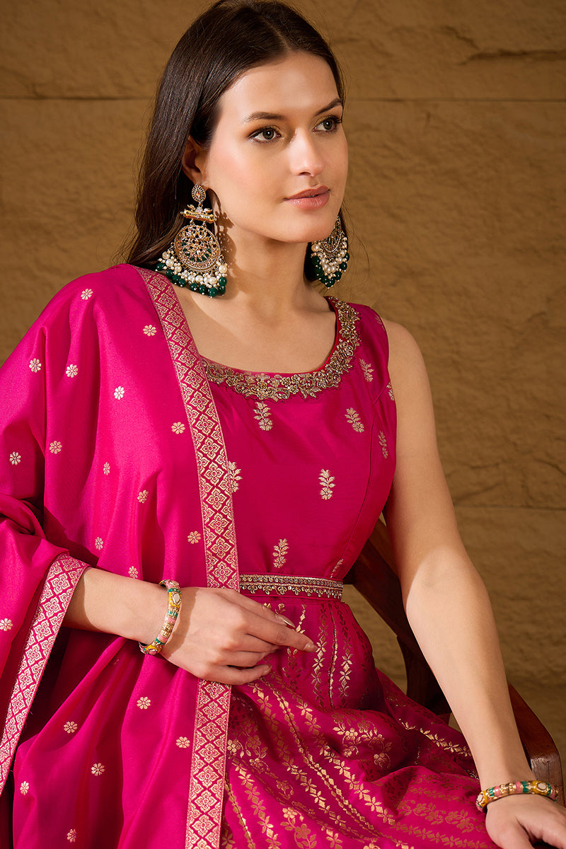 Pink Silk Blend Woven Design Anarkali Kurta Churidar with Dupatta HPKS