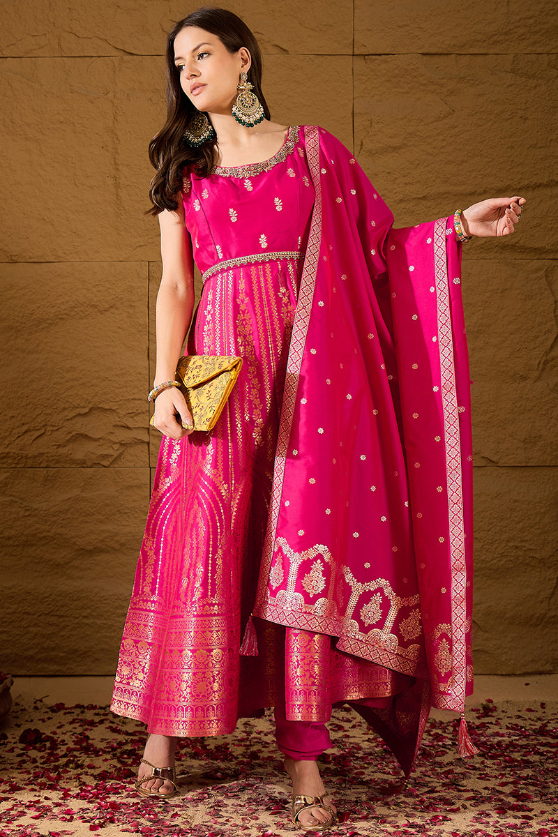 Pink Silk Blend Woven Design Anarkali Kurta Churidar with Dupatta HPKS