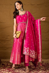Pink Silk Blend Woven Design Anarkali Kurta Churidar with Dupatta HPKSKD3018