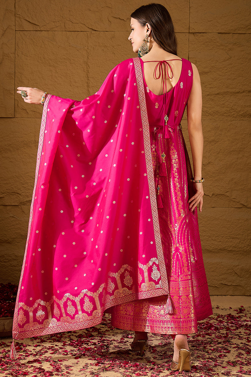 Pink Silk Blend Woven Design Anarkali Kurta Churidar with Dupatta HPKS