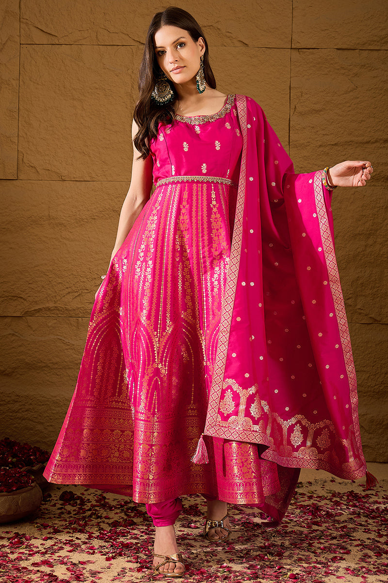 Pink Silk Blend Woven Design Anarkali Kurta Churidar with Dupatta HPKS