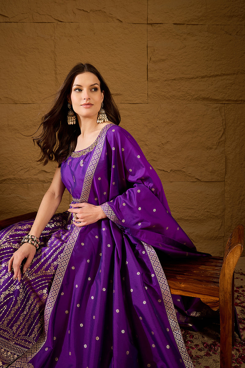 Purple Silk Blend Solid Woven Design Anarkali Kurta Trousers With Dupatta PKSKD3021