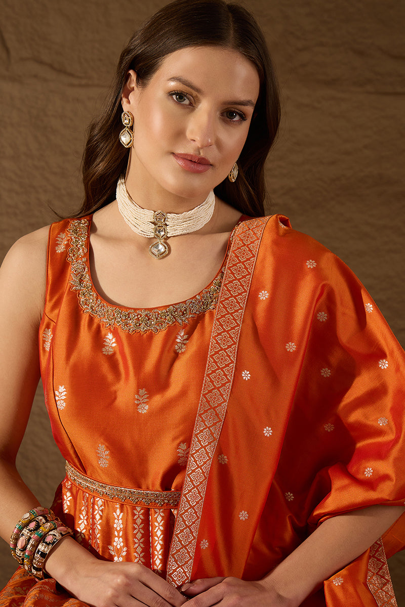 Orange Silk Blend Woven Design Anarkali Kurta Churidar with Dupatta HP