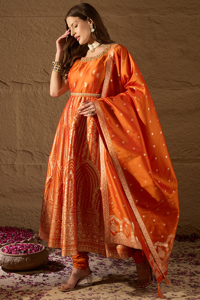 Orange Silk Blend Woven Design Anarkali Kurta Churidar with Dupatta HP