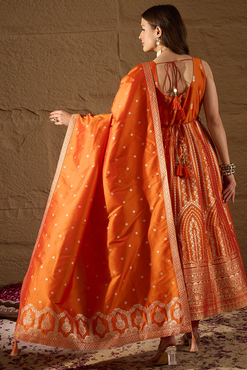 Orange Silk Blend Woven Design Anarkali Kurta Churidar with Dupatta HP
