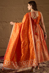 Orange Silk Blend Woven Design Anarkali Kurta Churidar with Dupatta HPKSKD3023