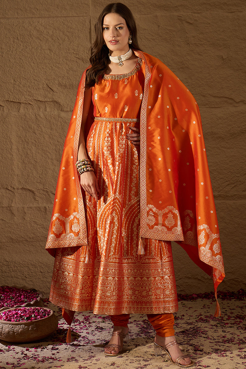 Orange Silk Blend Woven Design Anarkali Kurta Churidar with Dupatta HP