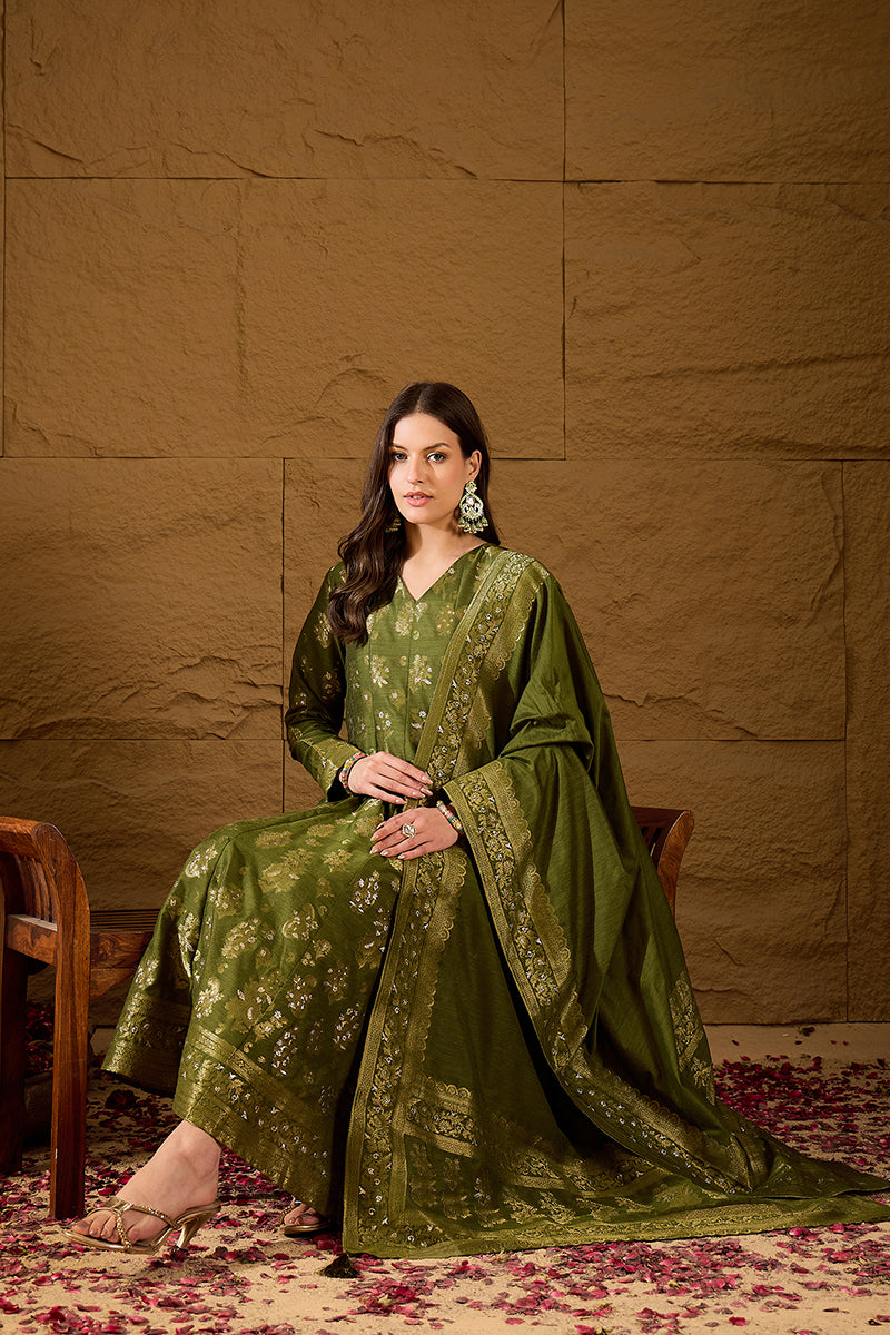 Green Woven Design Anarkali Kurta Trouser with Dupatta HPKSKD3025 | De
