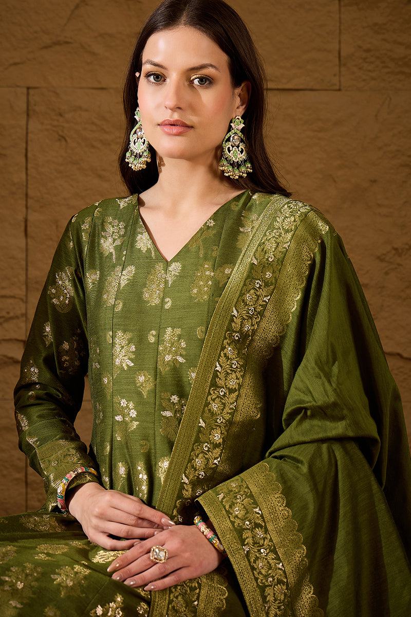 Green Woven Design Anarkali Kurta Trouser with Dupatta HPKSKD3025 | De
