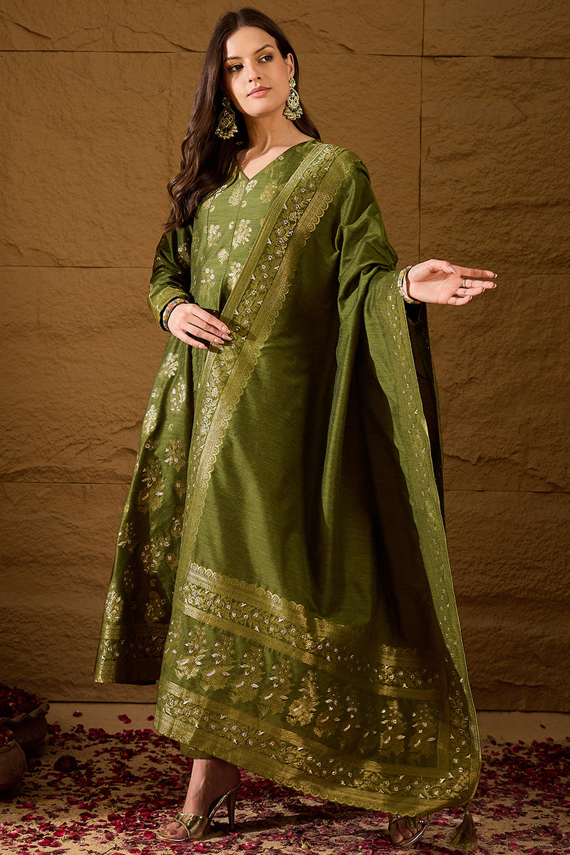 Green Woven Design Anarkali Kurta Trouser with Dupatta HPKSKD3025 | De