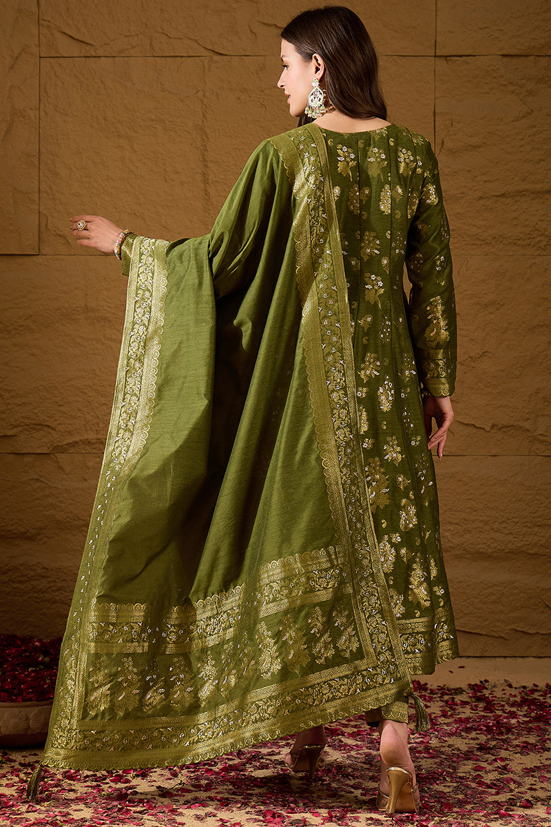 Green Woven Design Anarkali Kurta Trouser with Dupatta HPKSKD3025 | De