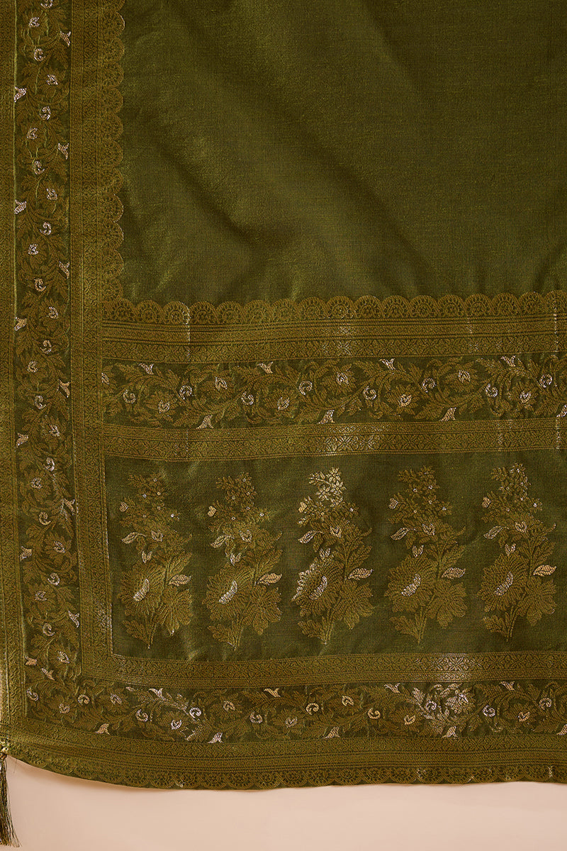 Green Woven Design Anarkali Kurta Trouser with Dupatta HPKSKD3025 | De