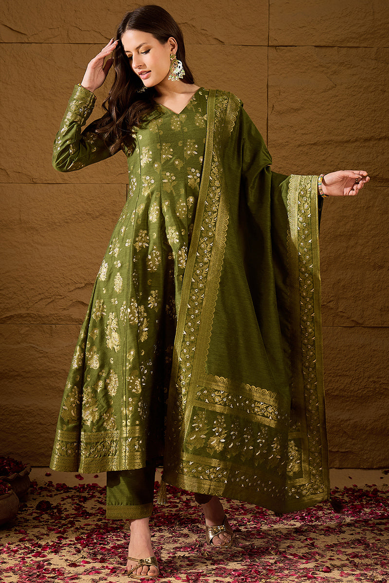 Green Woven Design Anarkali Kurta Trouser with Dupatta HPKSKD3025 | De