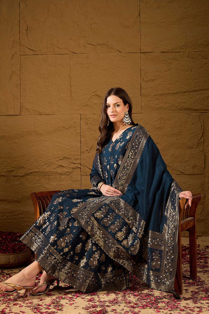 Blue Chanderi Floral Woven Design Kurta with Palazzo & Dupatta HPKSKD3