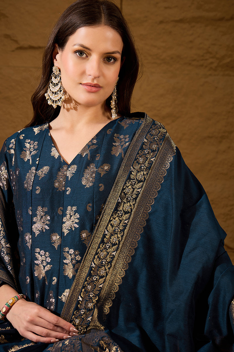Blue Chanderi Floral Woven Design Kurta with Palazzo & Dupatta HPKSKD3