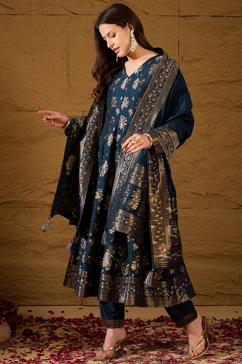 Blue Chanderi Floral Woven Design Kurta with Palazzo & Dupatta HPKSKD3