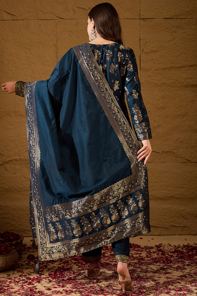 Blue Chanderi Floral Woven Design Kurta with Palazzo & Dupatta HPKSKD3
