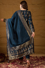 Blue Chanderi Floral Woven Design Kurta with Palazzo & Dupatta HPKSKD3026