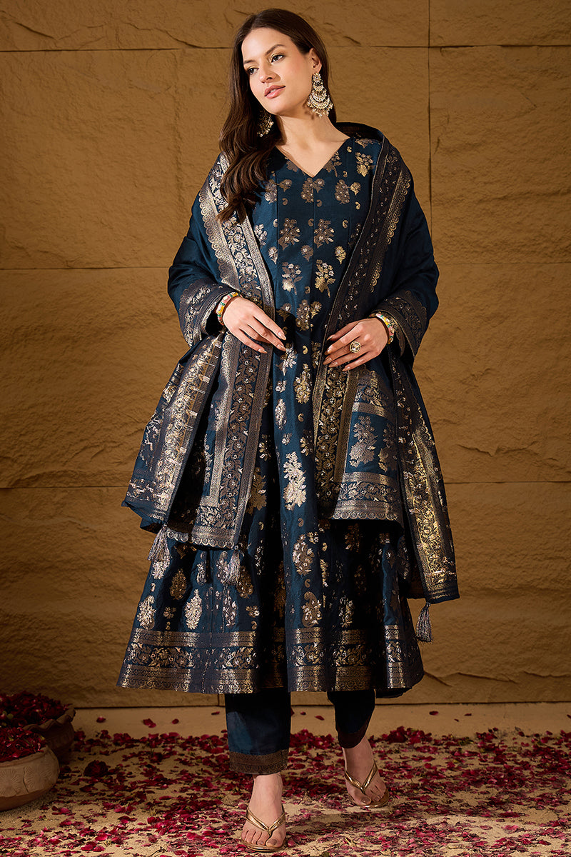 Blue Chanderi Floral Woven Design Kurta with Palazzo & Dupatta HPKSKD3