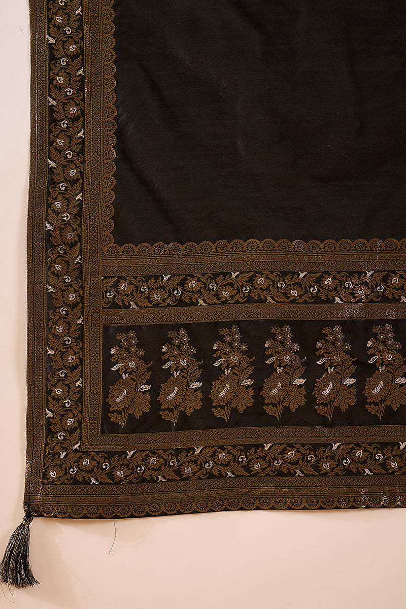 Black Poly Chanderi Printed Straight Kurta Trouser With Dupatta HPKSKD3027
