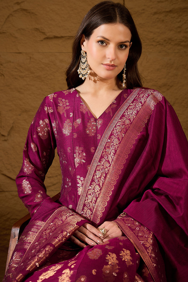 Pink Chanderi Woven Design Anarkali Kurta Palazzo With Dupatta HOPPKSK