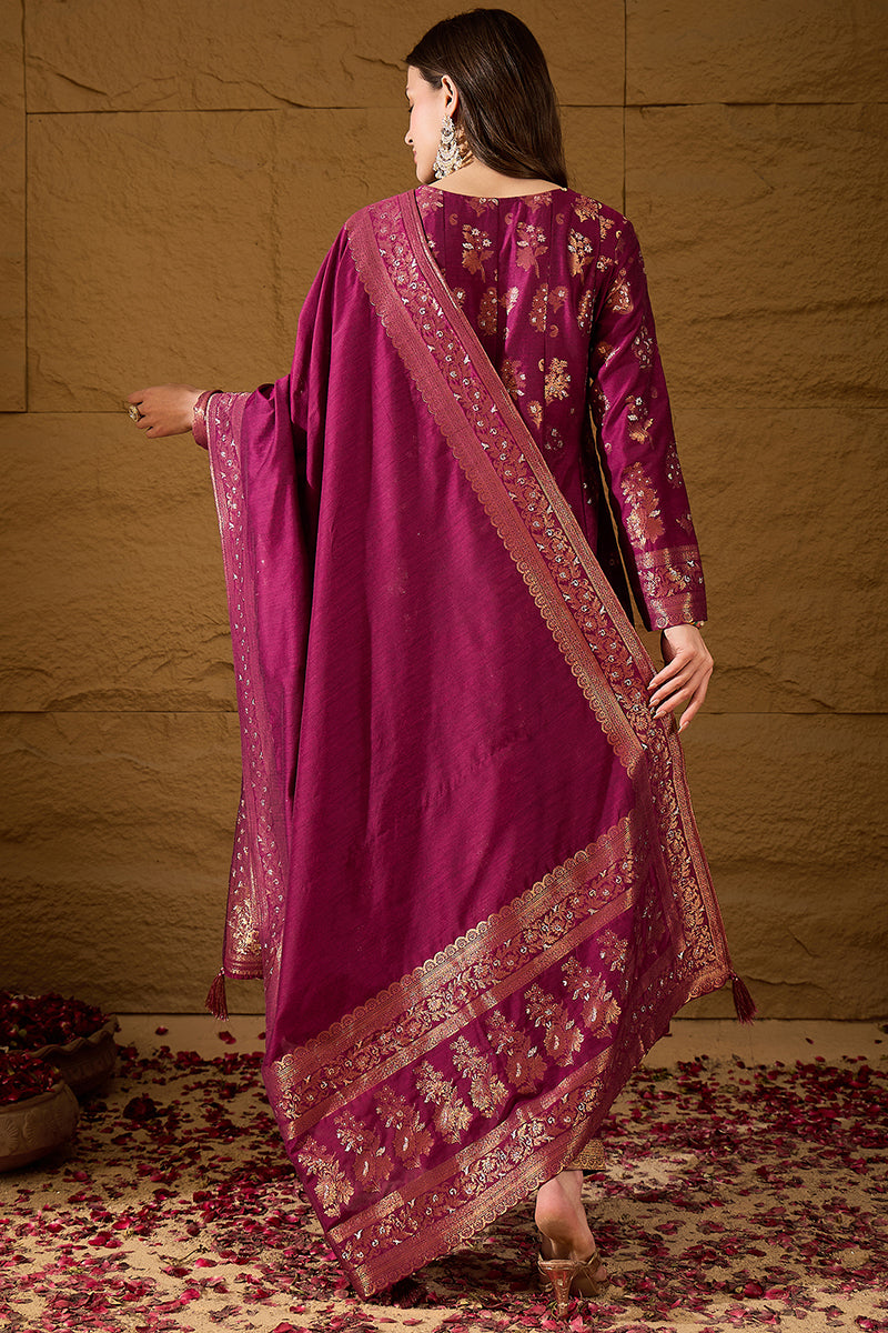 Pink Chanderi Woven Design Anarkali Kurta Palazzo With Dupatta HOPPKSK