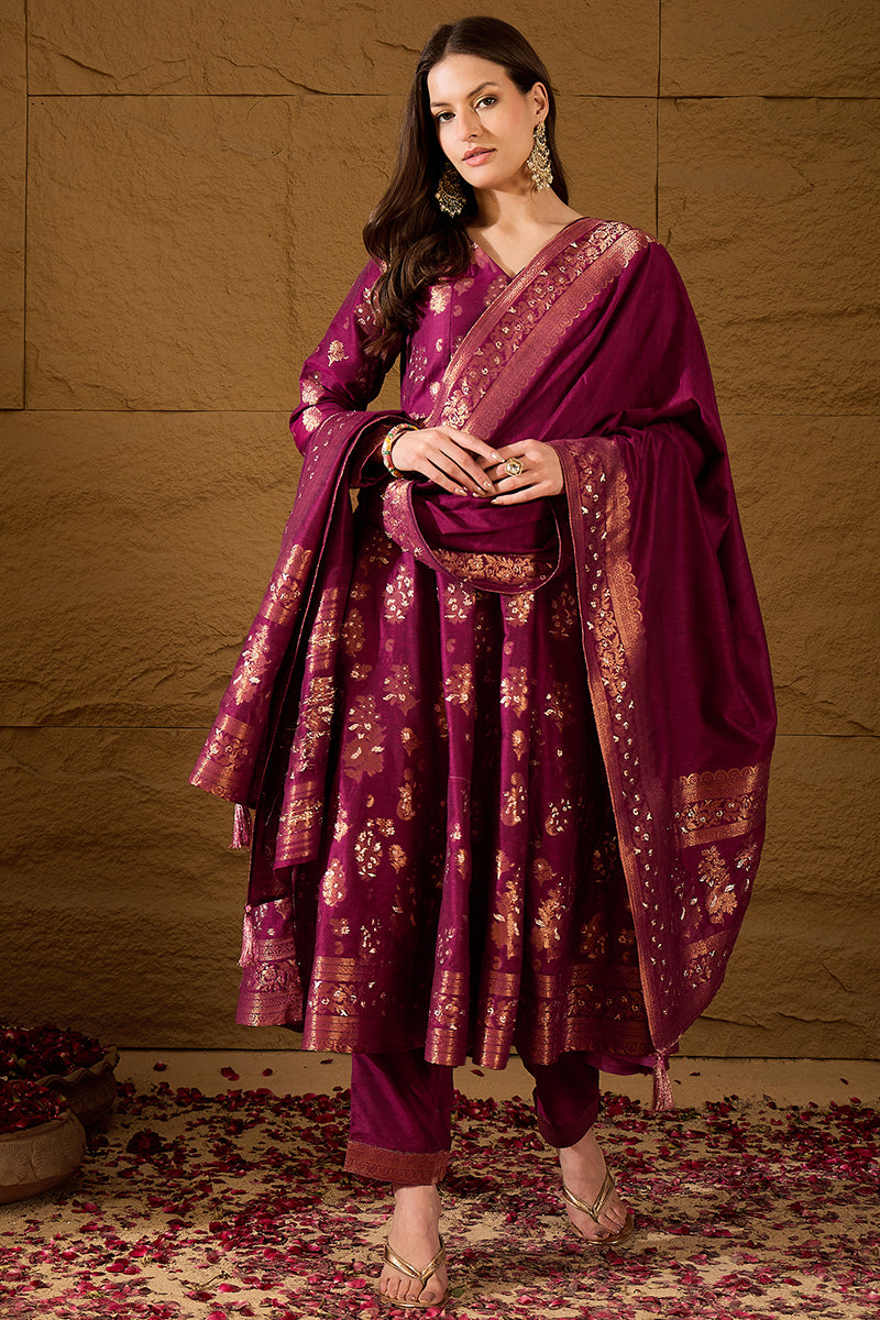Pink Chanderi Woven Design Anarkali Kurta Palazzo With Dupatta HOPPKSK