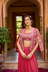 Pink Silk Blend Embroidered Flared Top Bottom With Shrug PKSKD3033