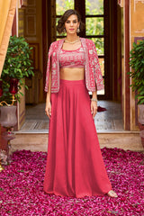 Pink Silk Blend Embroidered Flared Top Bottom With Shrug PKSKD3033