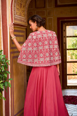 Pink Silk Blend Embroidered Flared Top Bottom With Shrug PKSKD3033